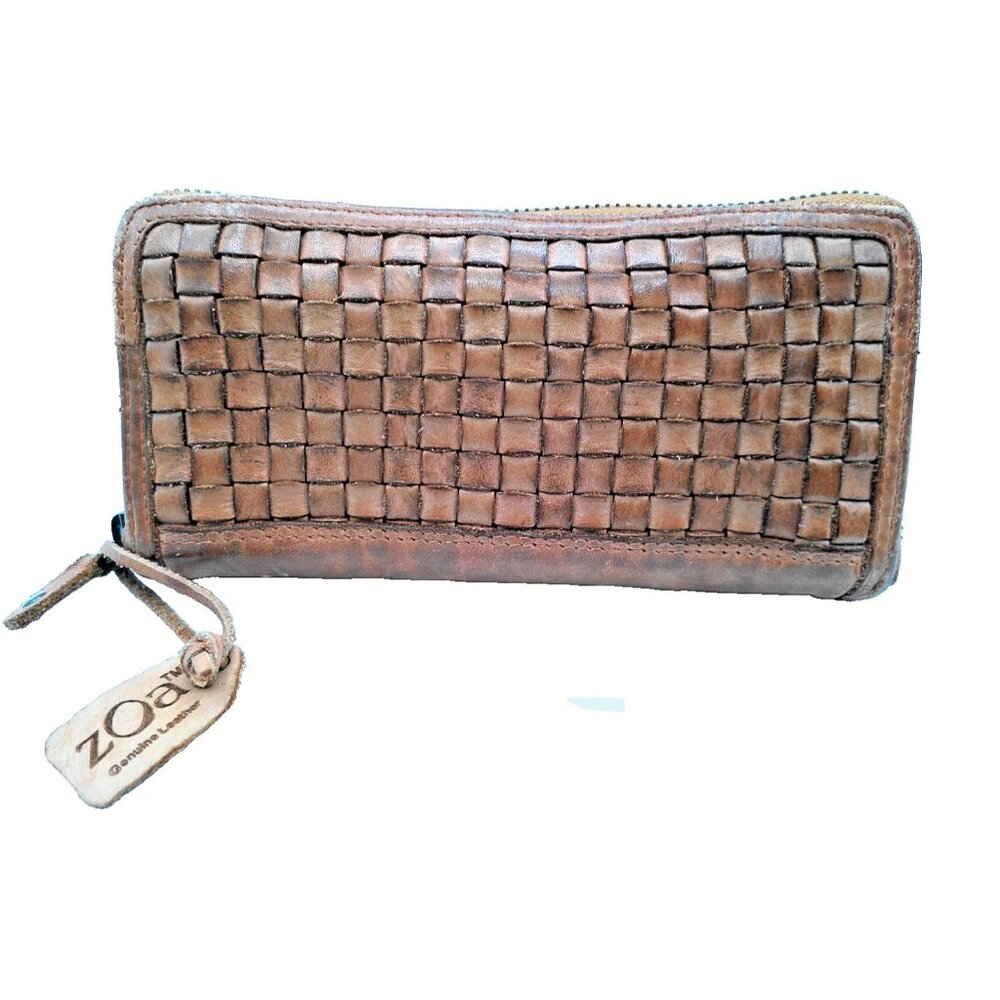 ZOA Wallet Cards Coin Purse Genuine Brown Leather Woven Design Zip Around Clutch